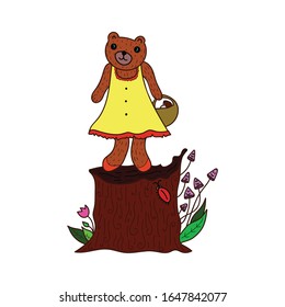 Funny bear in yellow dress with basket standing on tree stump. Cute cartoon character.