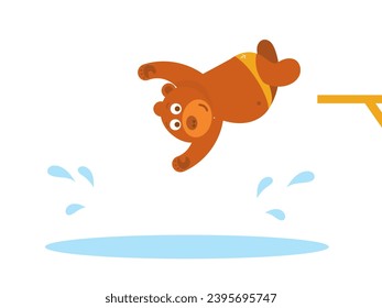 Un oso gracioso con baúles amarillos salta al agua. Ilustración vectorial plana para niños.	
