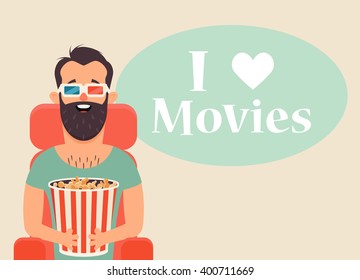 Funny Bearded Character Holding Popcorn and Watching Movie. "I Love Movies" Title. Vector Illustration