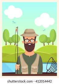 Funny Bearded Fisherman Sitting in the Boat and Holding a Fishing Rod. Colorful Vector Illustration