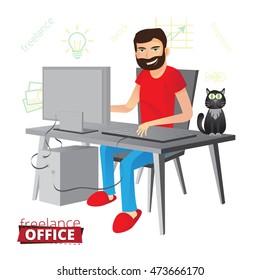 Funny bearded freelancer working at home on the computer in red slippers. Next to him sits a black cat with green eyes and thinks about the fish. Vector illustration.