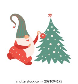 A funny bearded gnome decorates the Christmas tree. Colored flat vector illustration of fairytale character isolated on white background.