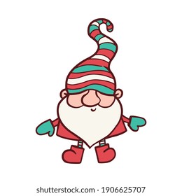 Funny bearded gnome in winter clothes and mittens, cartoon vector illustration isolated on white background. Christmas dwarf or leprechaun cartoon character.