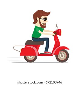 Funny bearded guy riding red retro scooter. Flat design. Vector illustration.