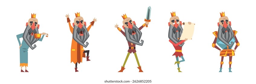 Funny Bearded King Character Emperor in Golden Crown Vector Set