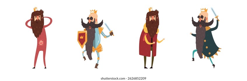 Funny Bearded King Character Emperor in Golden Crown Vector Set