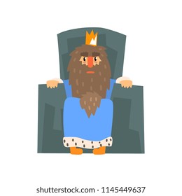 Funny bearded king character sitting on the throne cartoon vector Illustration on a white background