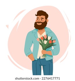 Funny bearded man with bouquet of flowers tulips in cartoon. Vector flat illustration