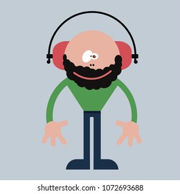 funny bearded man painted in flat design in headphones