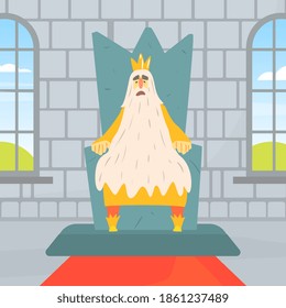 Funny Bearded Old King Character Sitting on Throne, Medieval Castle Interior Cartoon Vector Illustration
