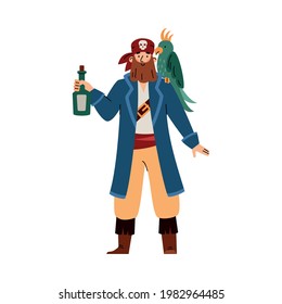 Hübscher, bärtige Piratencharakter mit Papagei und Flasche Rum, flache Vektorgrafik einzeln auf weißem Hintergrund. Alte Piraten oder Korsair-Maskottchen.