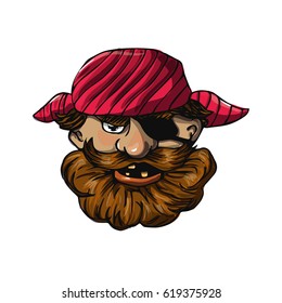 Funny bearded pirate with eye patch. Cartoon character isolated on white. Vector illustration based on hand drawn art. Great choice for pirate party invitation or children book.
