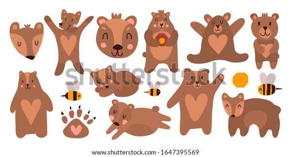 様々なポーズの変な熊 かわいい動物は蜂蜜が好きで 蜂と友達です 子ども用の織物や赤ちゃん用のおもちゃに印刷するための漫画クマ 漫画風の茶色の野獣 のベクター画像素材 ロイヤリティフリー