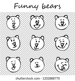 Funny bears. Doodle animal faces with positive emotions, black outlines, white images, transparent background. Emoticons. Emotional icons. Vector illustration.