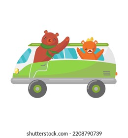 Funny Bears on transport flat mascot for web design. Cartoon cute driver character on boat, car, and bike isolated vector illustration. Animals and transportation concept