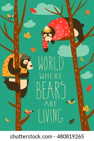 Funny bears are sitting on trees