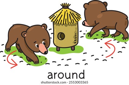 Los osos graciosos están caminando alrededor de la colmena. Preposición de movimientos y lugar para aprender inglés. Niños Vector de dibujos animados de animales divertidos con descripción. Ilustración aislada para niños