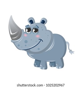 Funny beautiful African rhinoceros. A cute animal from the wild. Cute cartoon rhinoceros, animal from the zoo. Indwelling in Asia and the African lands of savannah. Vector illustration isolated.