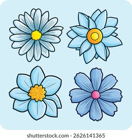 Funny and beautiful blue flowers cartoon illustration set	