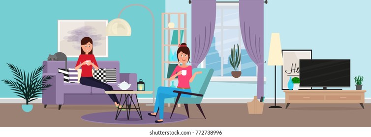 Funny, beautiful girls talk at home. Animated characters. Vector illustration, Flat design.