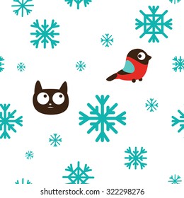 Funny beautiful seamless cat pattern with bird and snowflakes. Vector illustration