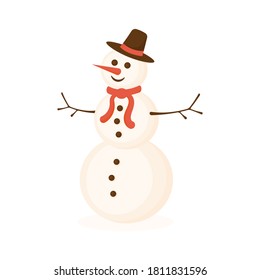 Funny beautiful snowman isolated on white background. Christmas holiday concept. Character for a postcard, banner, envelope. Cartoon style. Vector illustration.
