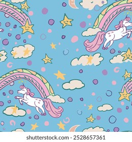 Funny and beautiful unicorn with reinbow in a new style. Child like illustration, vector pattern.