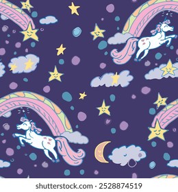 Funny and beautiful unicorn with reinbow in a new style. Child like illustration, vector pattern.