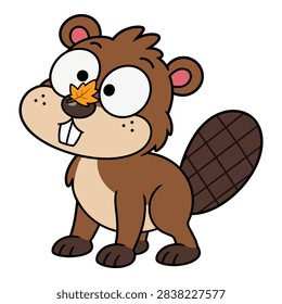 Funny beaver balancing an autumn leaf on its nose, cute cartoon character illustration.