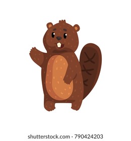 Funny beaver with brown fur, shaped tail, shiny eyes and big teeth. Cartoon rodent character waving by his paw. Flat vector design for children book, print or sticker