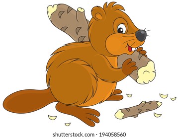 Funny beaver carrying a small log