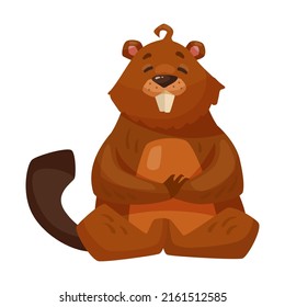 Funny beaver cartoon illustration. Cute rodent with saw sitting in lotus pose on white