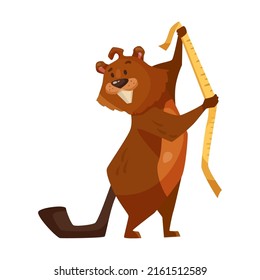 Funny beaver cartoon illustration. Cute rodent with saw, meter ruler and hummer gnawing wood on white background