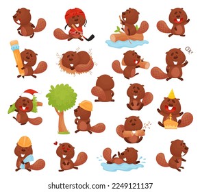 Funny Beaver Character in Different Actions Big Vector Set