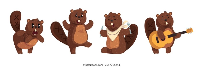 Funny Beaver Character in Different Actions Vector Set