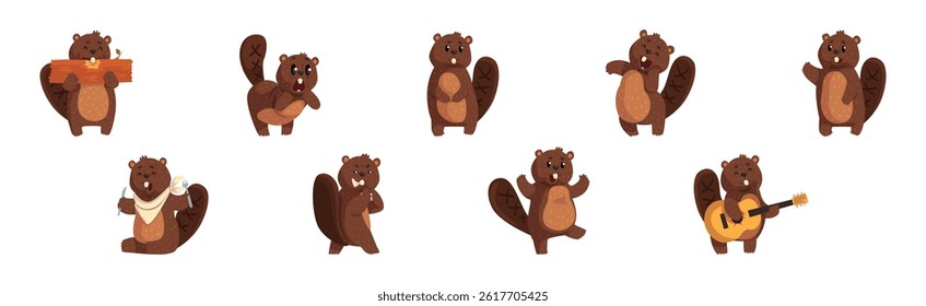 Funny Beaver Character in Different Actions Vector Set