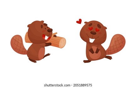 Funny Beaver Character with Flat Tail Carrying Log and Feeling Love Vector Set