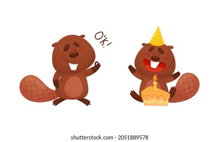 Funny Beaver Character with Flat Tail Celebrating Birthday with Cake and Showing Ok Gesture Vector Set