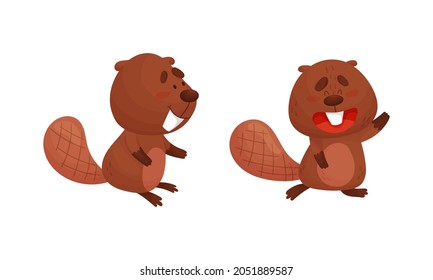 Funny Beaver Character with Flat Tail Waving Paw and Smiling Vector Set