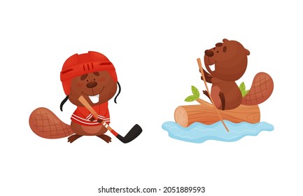 Funny Beaver Character with Flat Tail Playing Ice Hockey and Floating on Log Vector Set