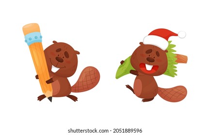 Funny Beaver Character with Flat Tail Holding Huge Pencil and Carrying Fir Tree Vector Set