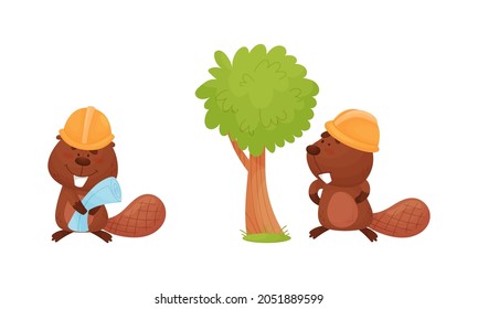 Funny Beaver Character with Flat Tail in Hard Hat Standing Near Tree Vector Set