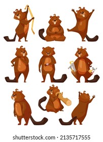 Funny beaver doing different activities cartoon illustration set. Cute rodent with saw, meter ruler and hummer gnawing wood, sitting in lotus pose on white background. Animal, wildlife concept