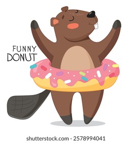 funny beaver, beaver and donut, delicious donut, funny donut, sweetness, donut logo, confectionery, confectioner, confectioner logo, children, children logo