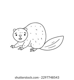Funny beaver in hand drawn doodle style. Vector illustration isolated on white. Coloring page.