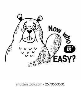 funny beaver, hard life, tired beaver, funny character, line drawing, sketch