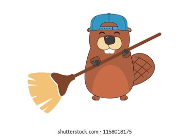 funny beaver in the hat and broom.