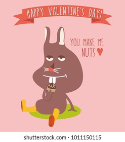 Funny Beaver illustration holding acorn nut expressing his love_Valentine's Day Card