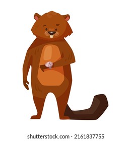 Funny beaver looks at clock cartoon illustration. Cute rodent with saw, meter ruler and hummer gnawing wood, sitting in lotus pose on white background