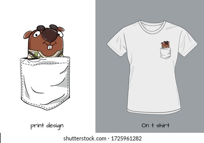 Funny beaver in my pocket. T shirt design for youth and kids with funny animal